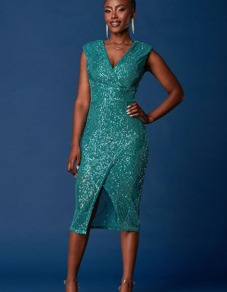 Sequin Wrap Slit Pencil Dress