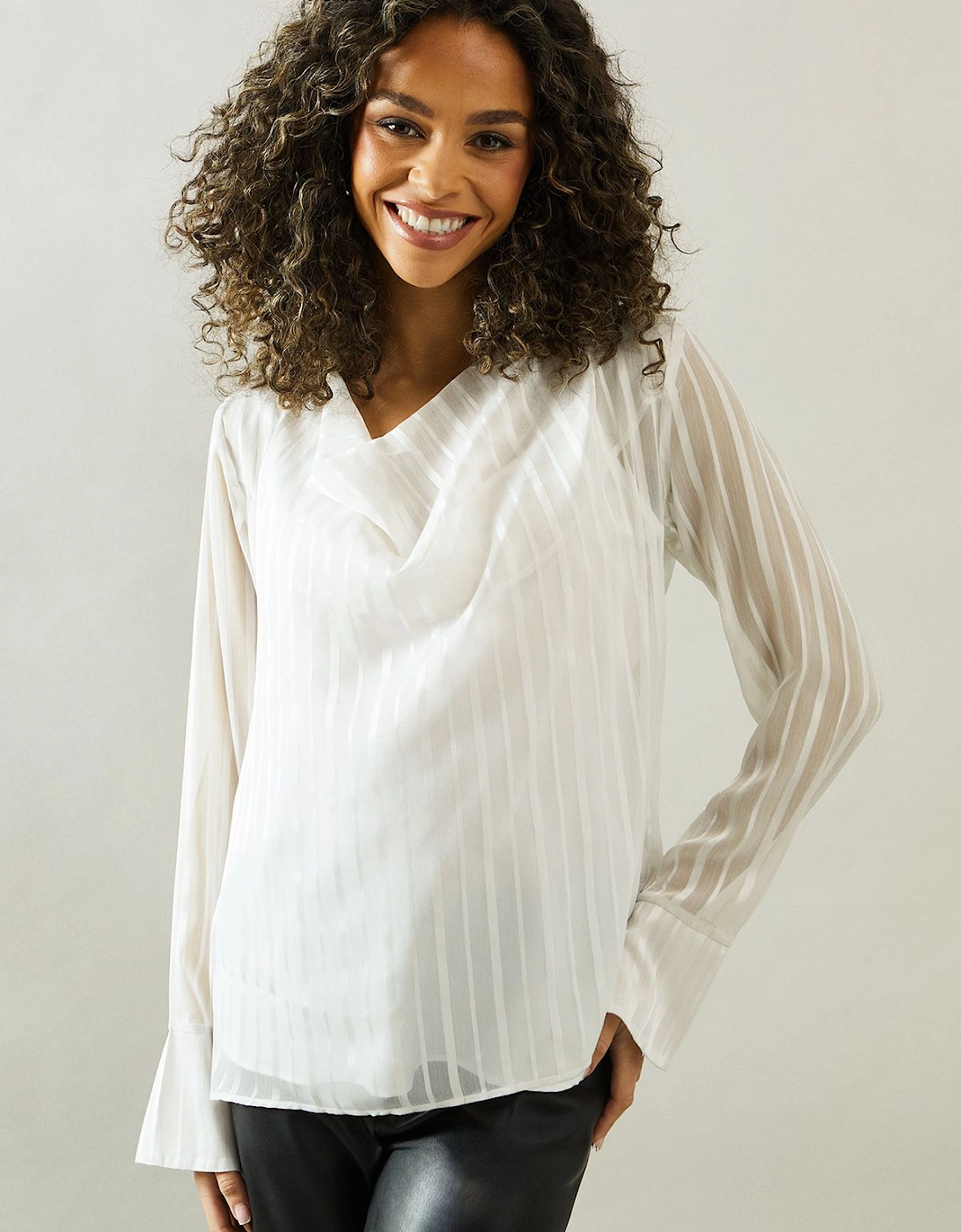 Cowl Neck Shadow Stripe Collared Blouse, 2 of 1