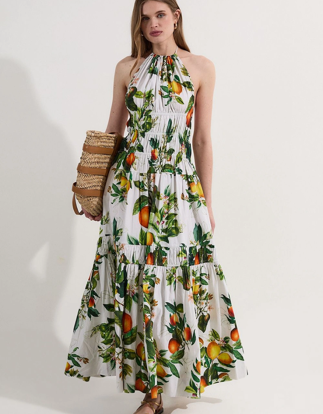 Shirred Cotton Tiered Fruit Print Halter Neck Woven Maxi Dress, 2 of 1