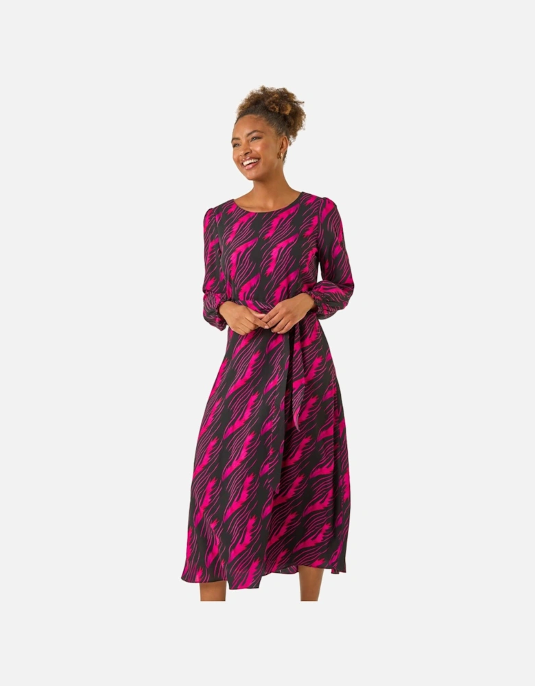 Abstract Feather Shirred Midi Dress