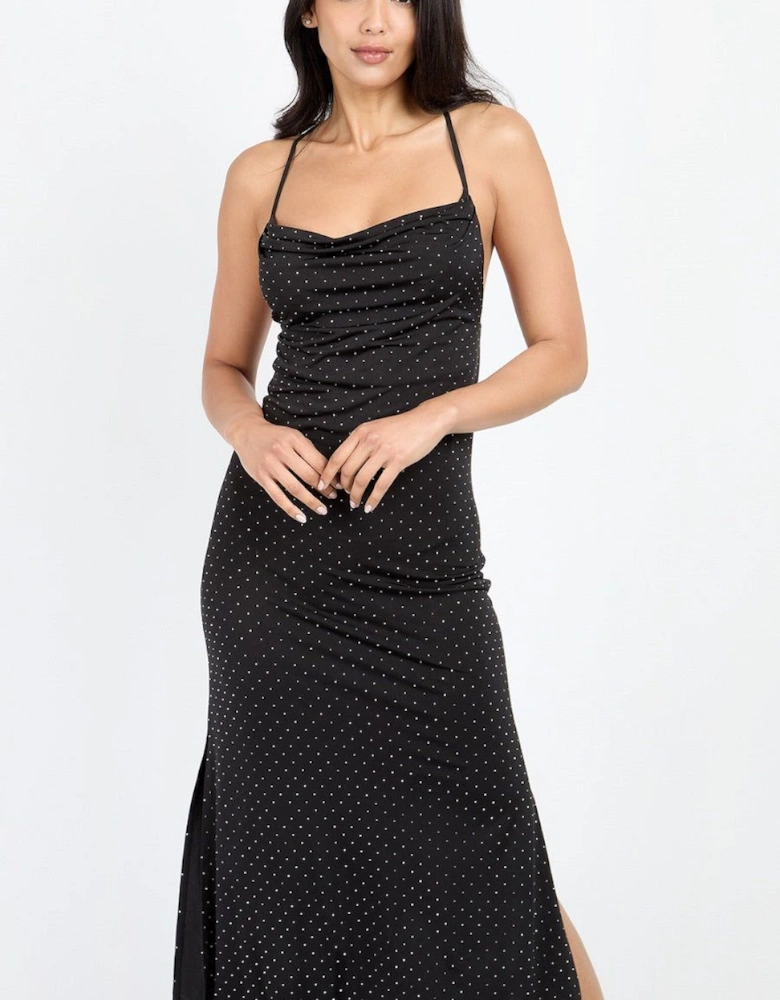 Black Embellished Slinky Cowl Neck Midi Dress
