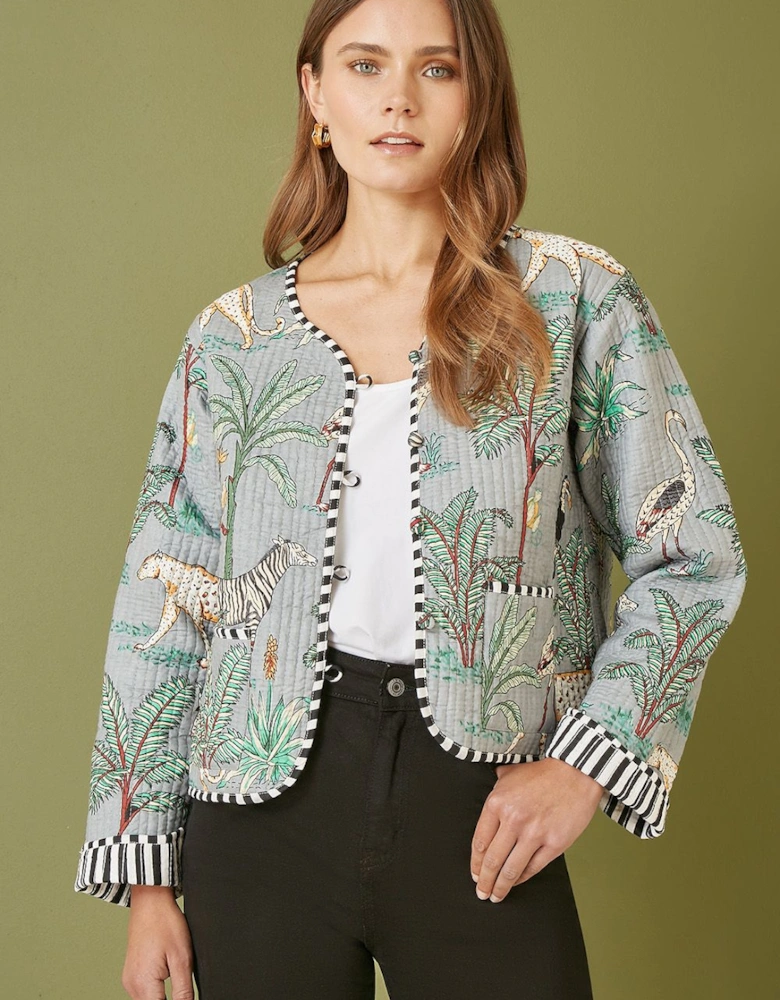 Grey Animal Print Reversible Cotton Cropped Quilted Jacket