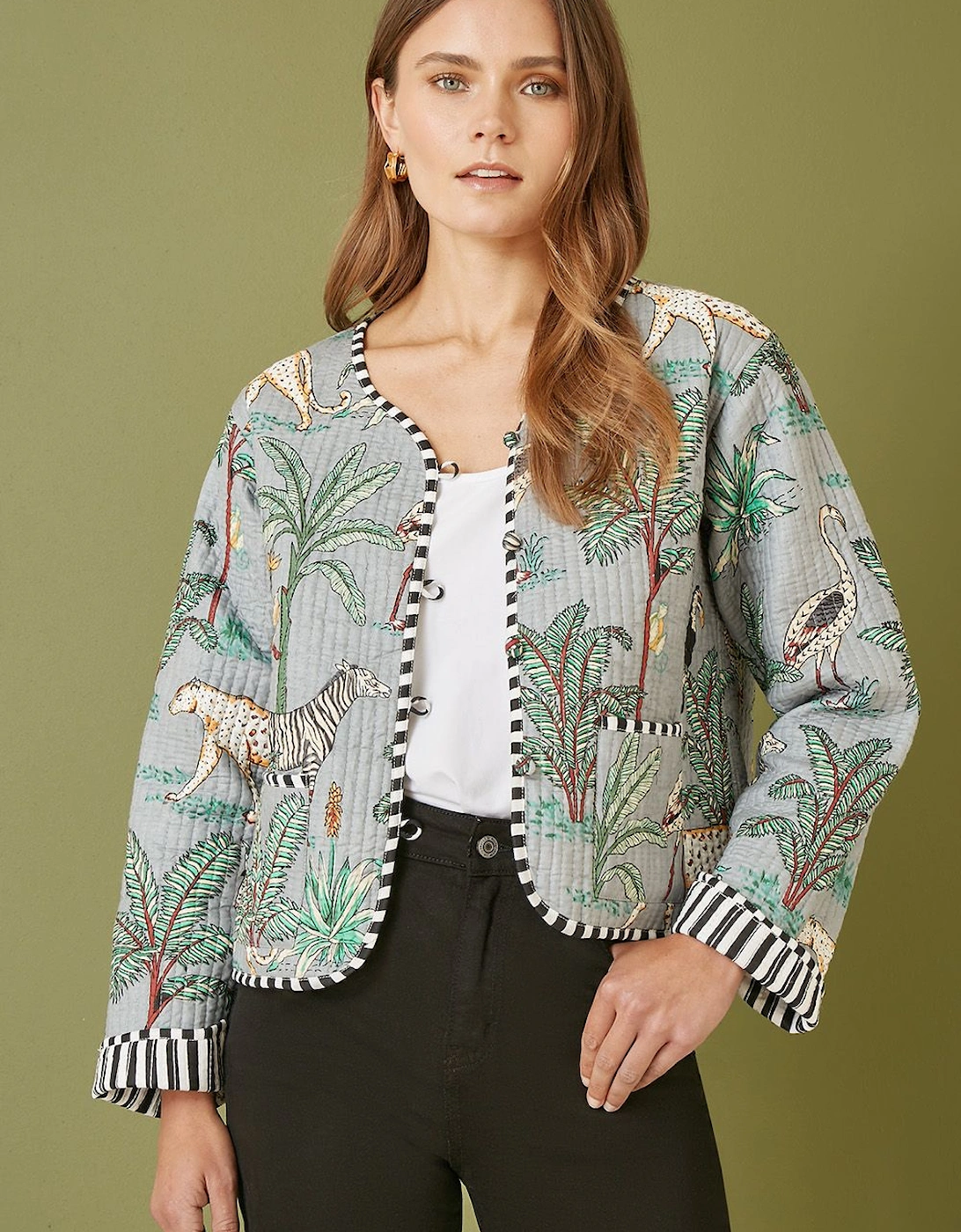 Grey Animal Print Reversible Cotton Cropped Quilted Jacket, 2 of 1