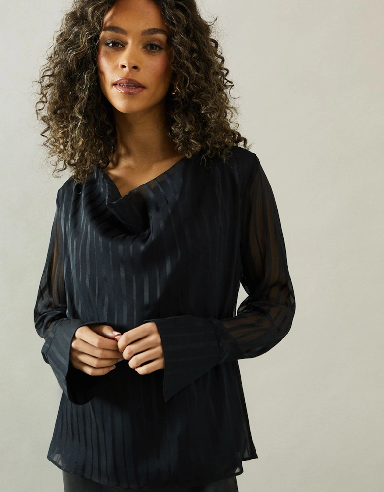 Cowl Neck Shadow Stripe Collared Blouse