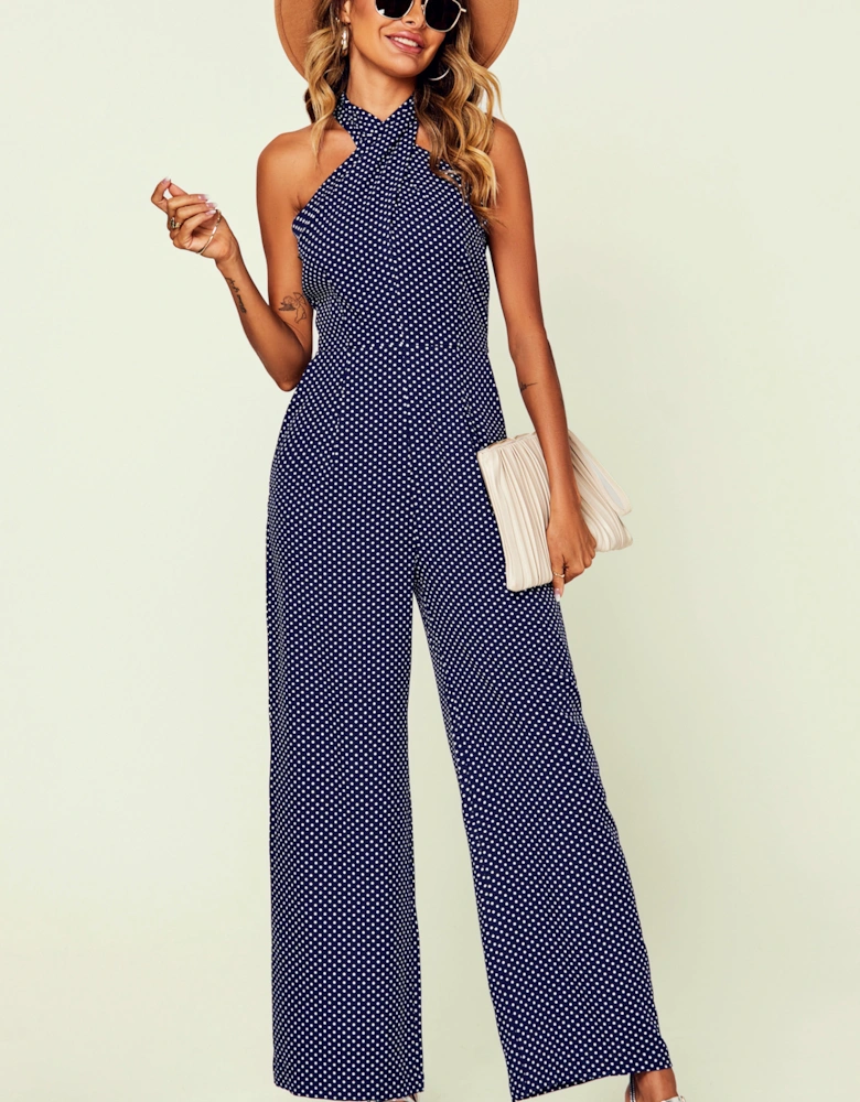 Halter Neck Back Detail Jumpsuit In Navy & Polka Dot