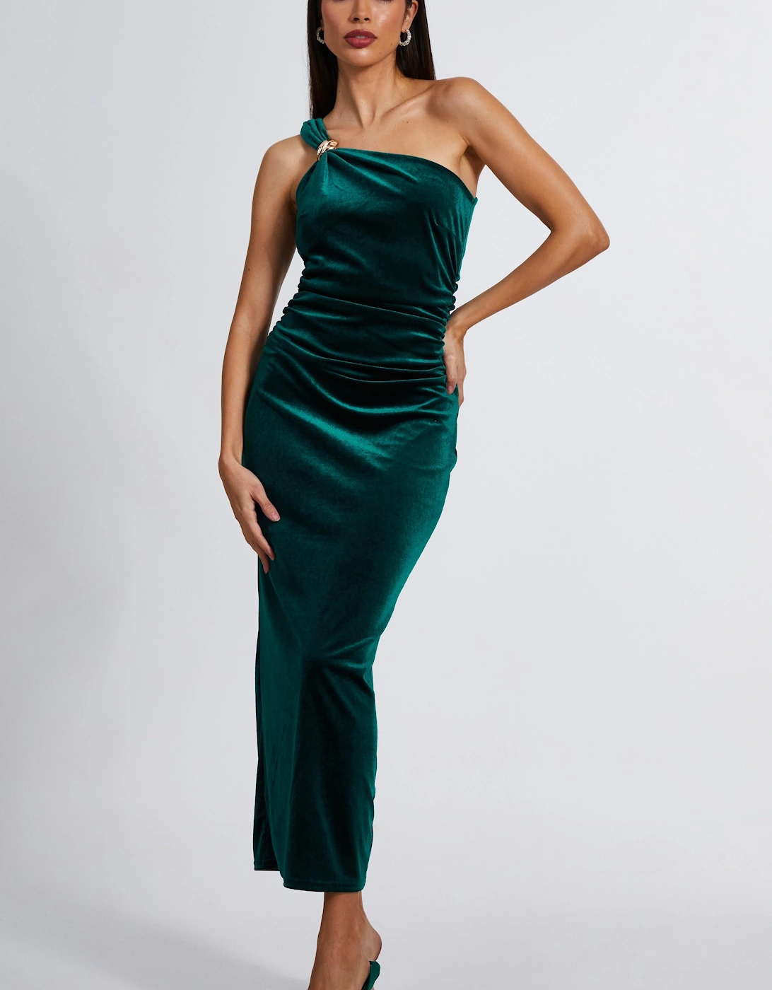 Green Velvet One Shoulder Midaxi Dress, 2 of 1