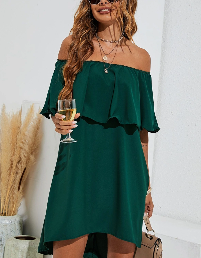 Bardot Frill Off Shoulder Mini Dress In Green