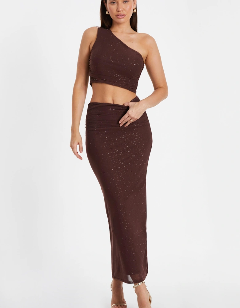 Brown Glitter Mesh Midaxi Skirt