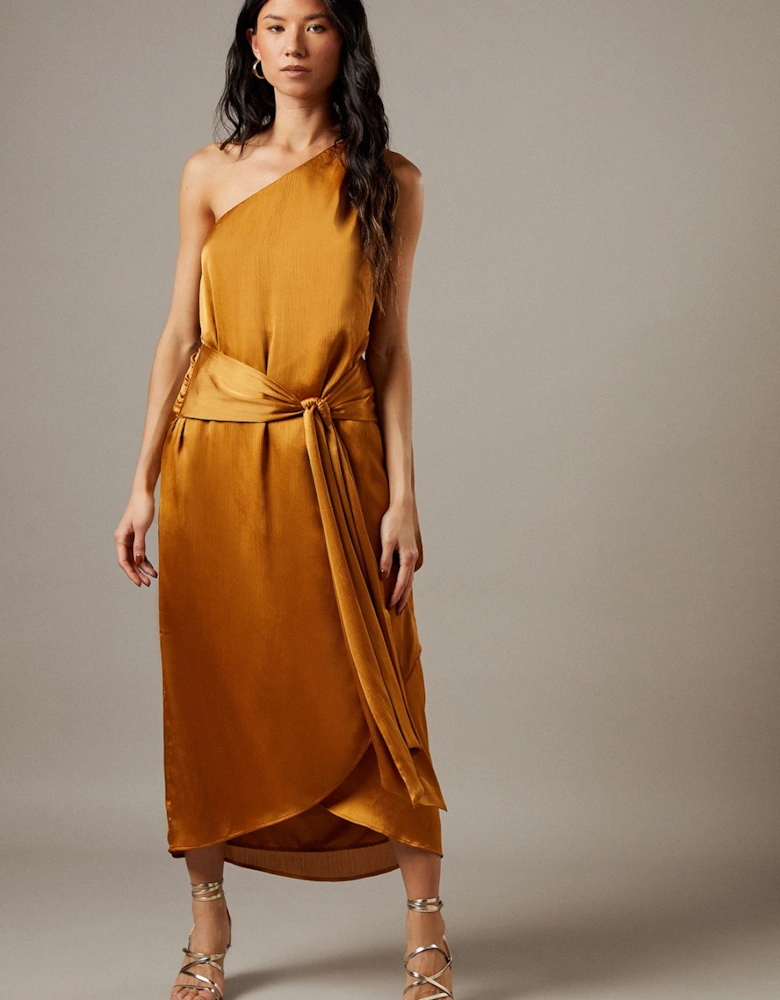 Crinkle Chiffon One Shoulder Tie Front Midi Dresses