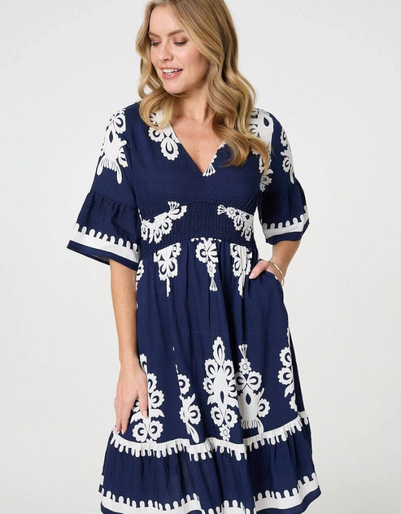 Ikat Print 1/2 Sleeve Relaxed Short Dress