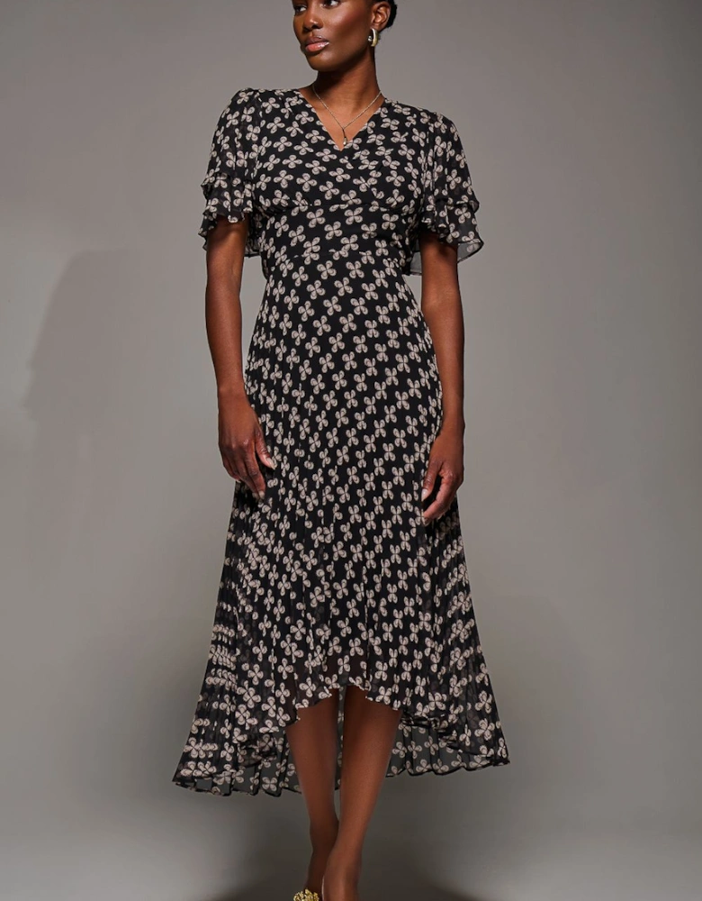 Angel Sleeve Pleated Chiffon Midaxi Dress