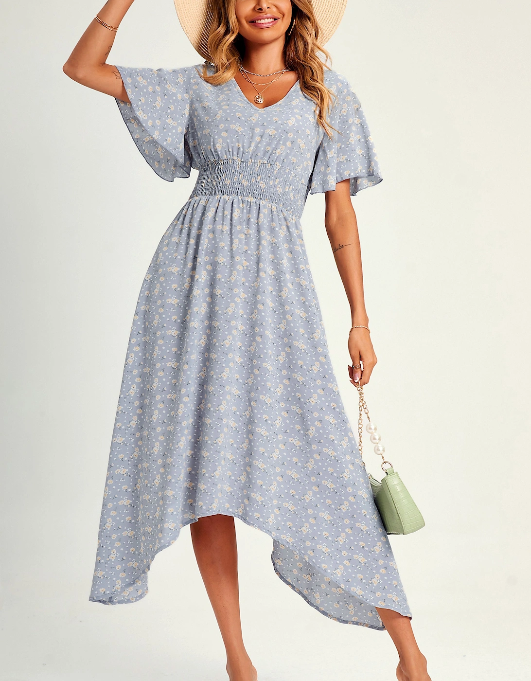 Little Flora Print Elasticated Waist High Low Midi Dress In Grey, 2 of 1