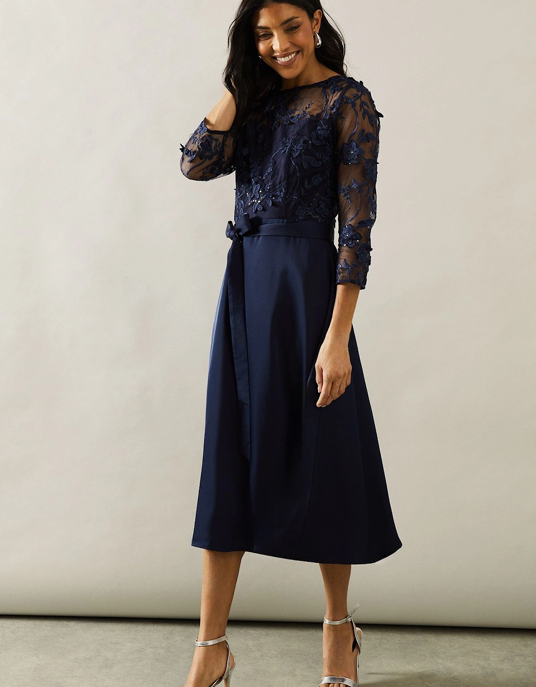 Occasion Satin And Mesh Overlay Fit And Flare Dress, 2 of 1