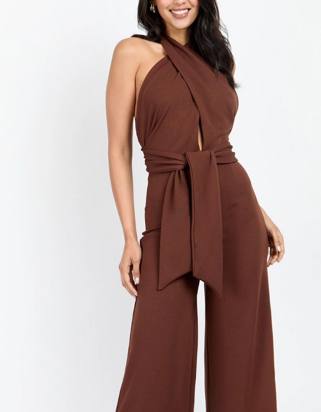 Chocolate Brown Bow Back Halter Jumpsuit, 2 of 1