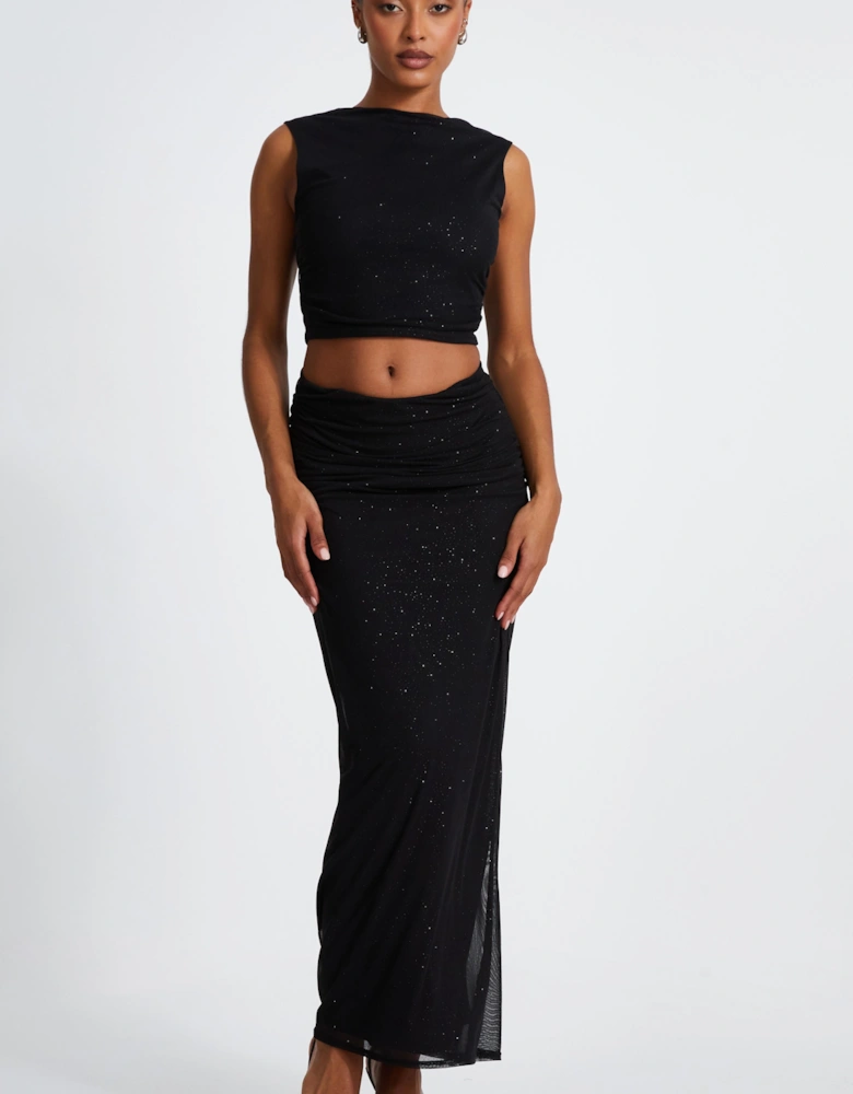 Black Glitter Mesh Midaxi Skirt