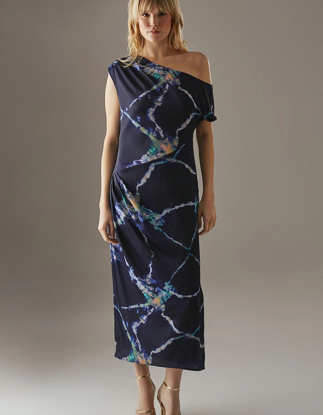 Crinkle Satin Fallen Shoulder Knot Side Midi Dress, 2 of 1