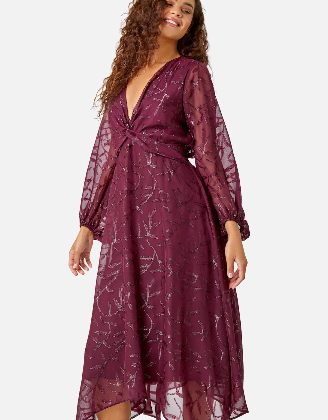 Floral Textured Twist Front Chiffon Midi Dress, 2 of 1