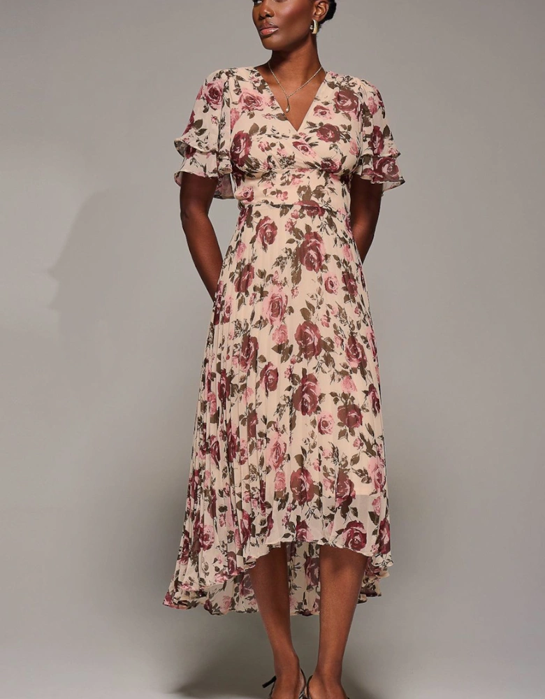 Angel Sleeve Pleated Chiffon Midaxi Dress