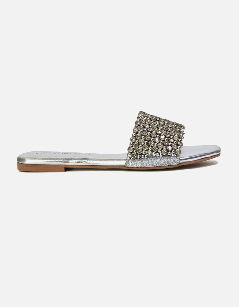 'Daisy Jones' Slip On Slider Diamante Flat Sandals With Square Toe