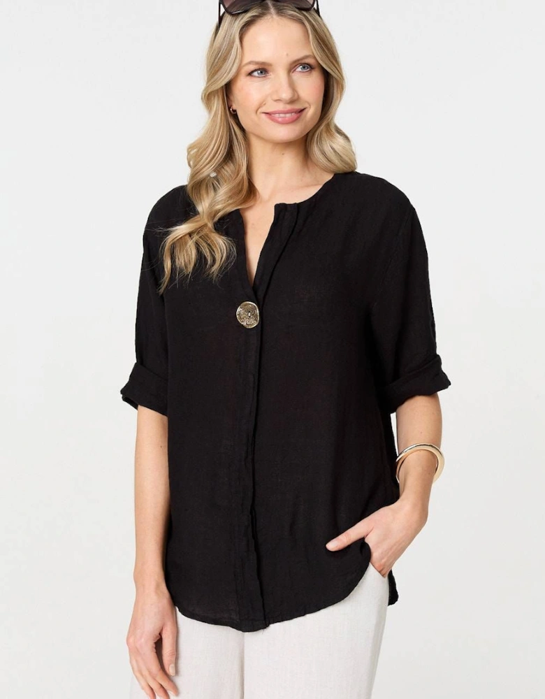 Button Detail 1/2 Sleeve V-Neck Blouse