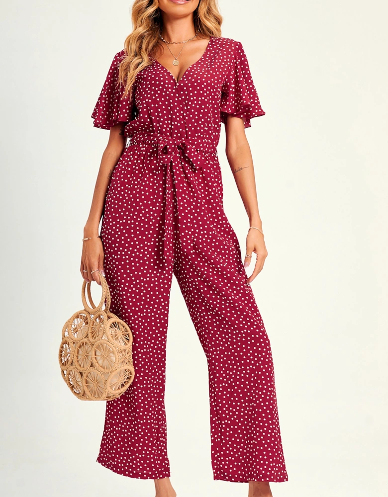 Polka Dot Angel Sleeve  Culotte Jumpsuit In Red
