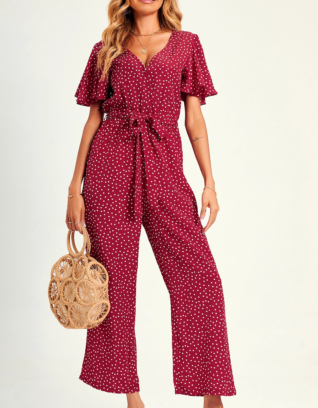 Polka Dot Angel Sleeve  Culotte Jumpsuit In Red, 2 of 1
