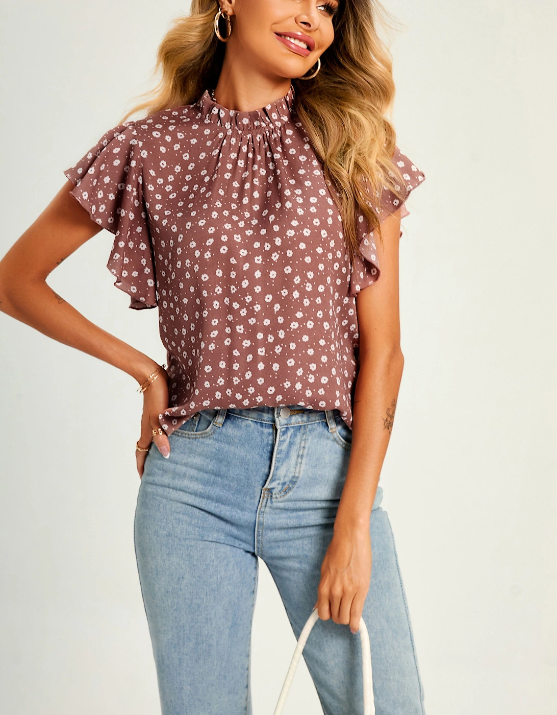 Little Flora Print Frill Angle Sleeve High Neck Top/Blouse In Brown, 2 of 1