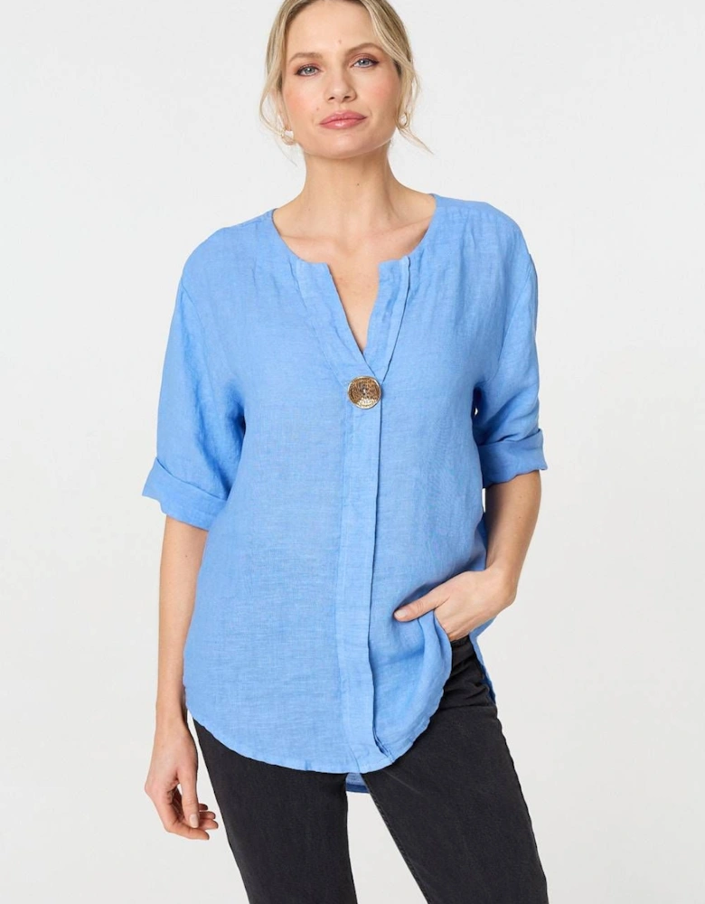 Button Detail 1/2 Sleeve V-Neck Blouse