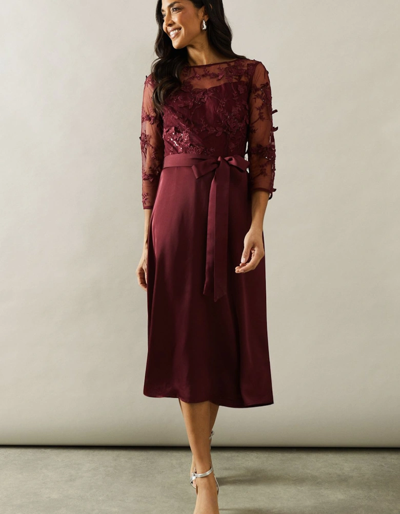 Occasion Satin And Mesh Overlay Fit And Flare Dress