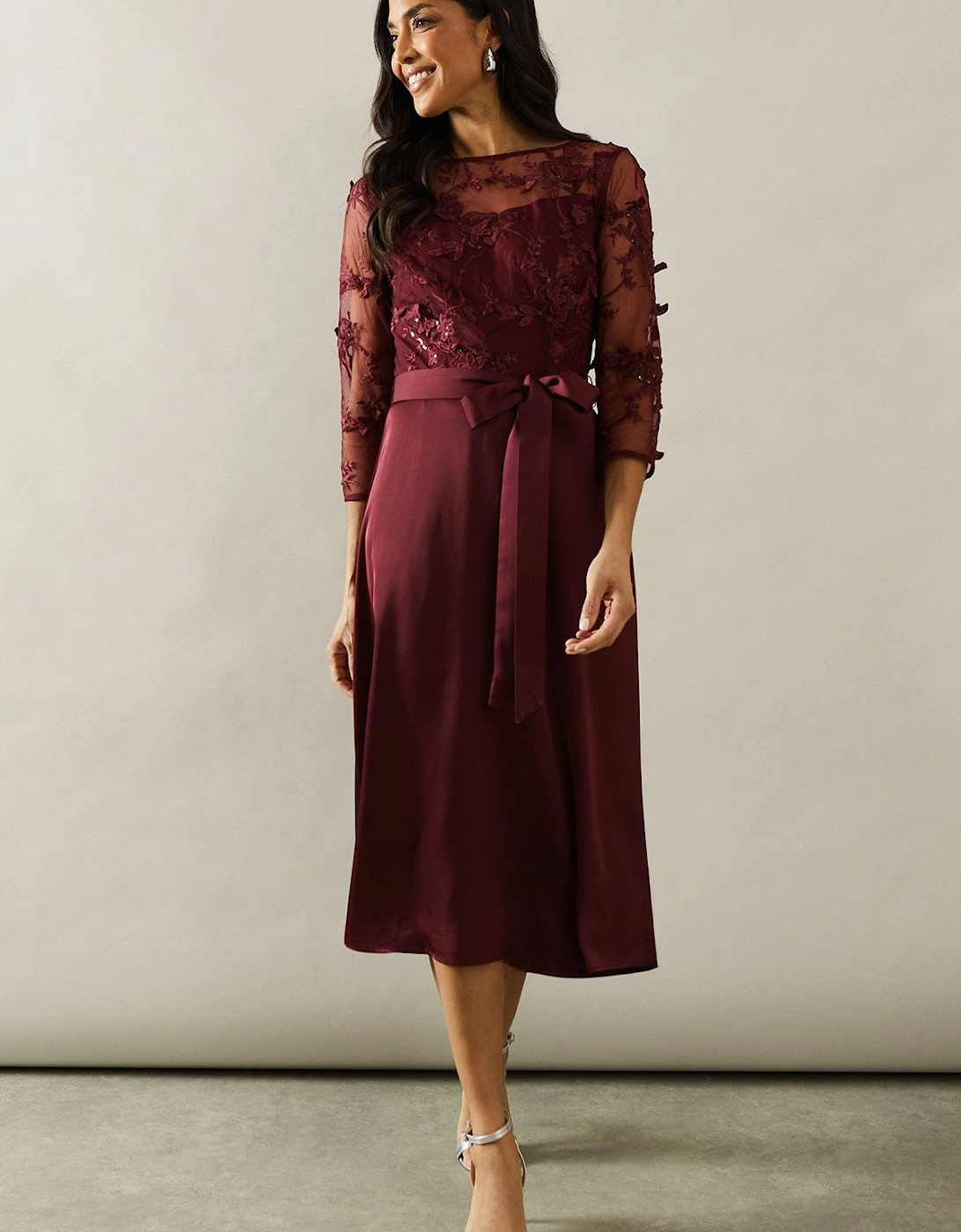 Occasion Satin And Mesh Overlay Fit And Flare Dress, 2 of 1