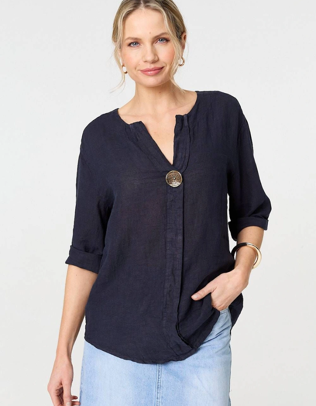 Button Detail 1/2 Sleeve V-Neck Blouse, 2 of 1