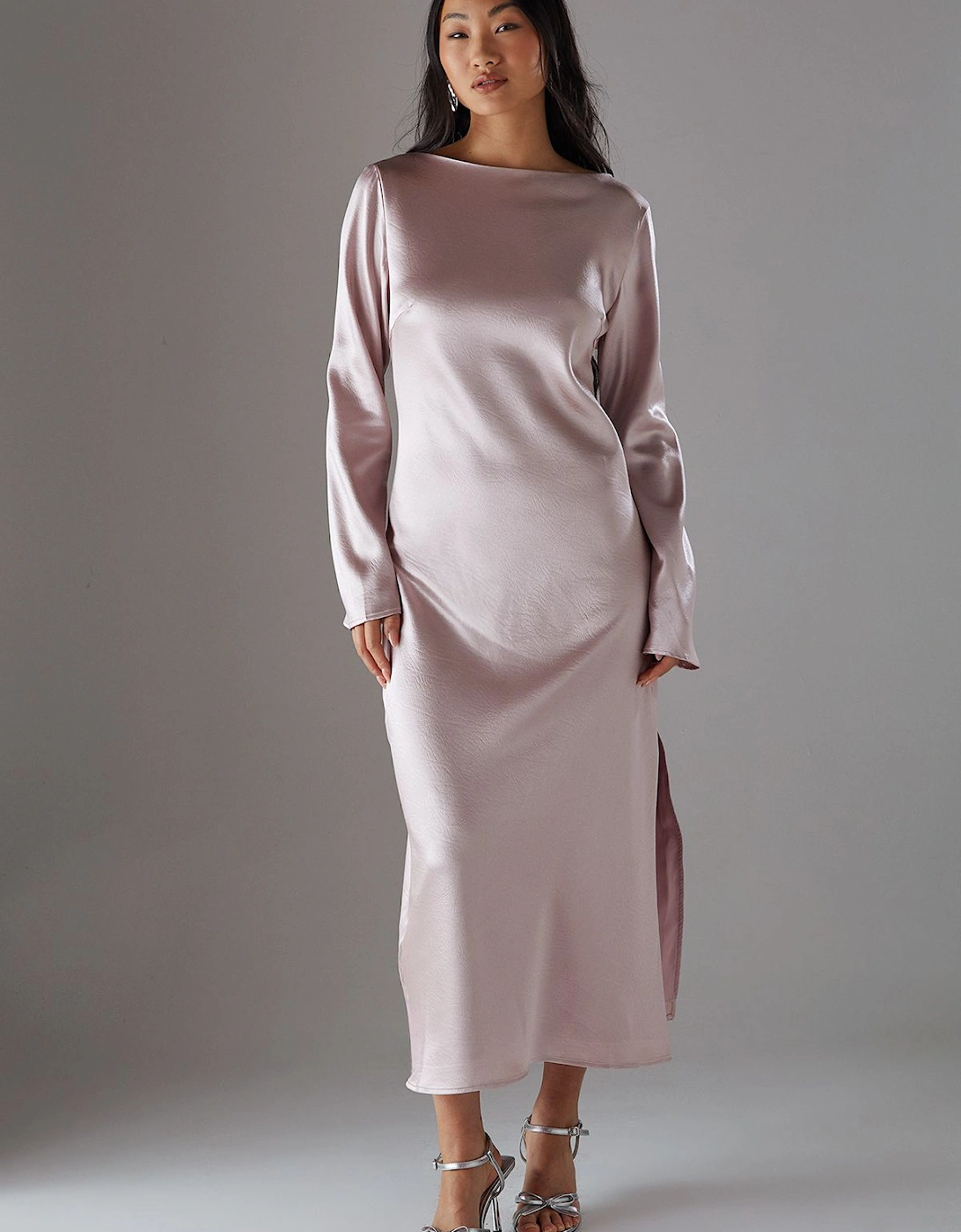 Petite Crinkle Satin Bias Tie Sleeve Midi Dress, 2 of 1