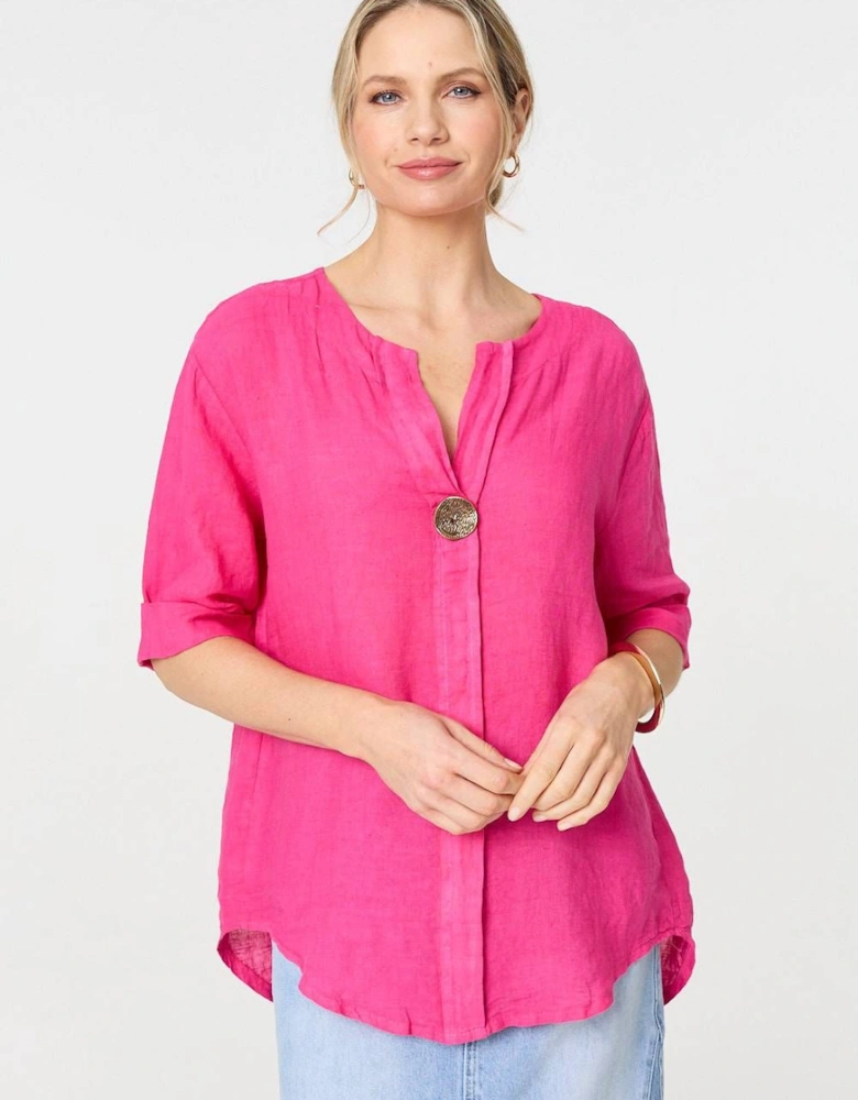 Button Detail 1/2 Sleeve V-Neck Blouse