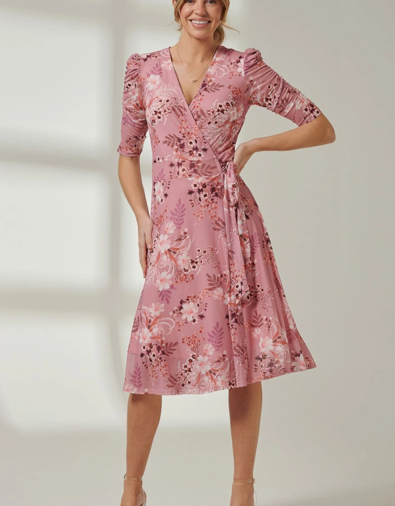 Elodea Mesh Ruched Sleeve Wrap Dress