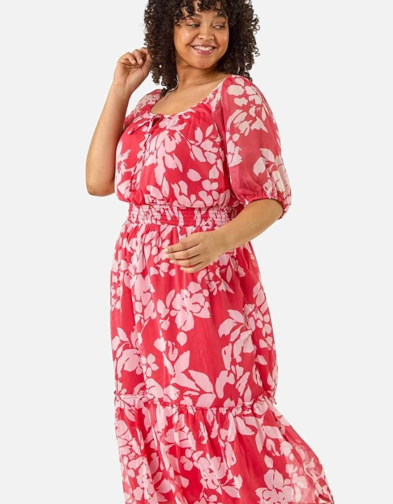 Curve Tropical Print Tie Neck Midi Dress