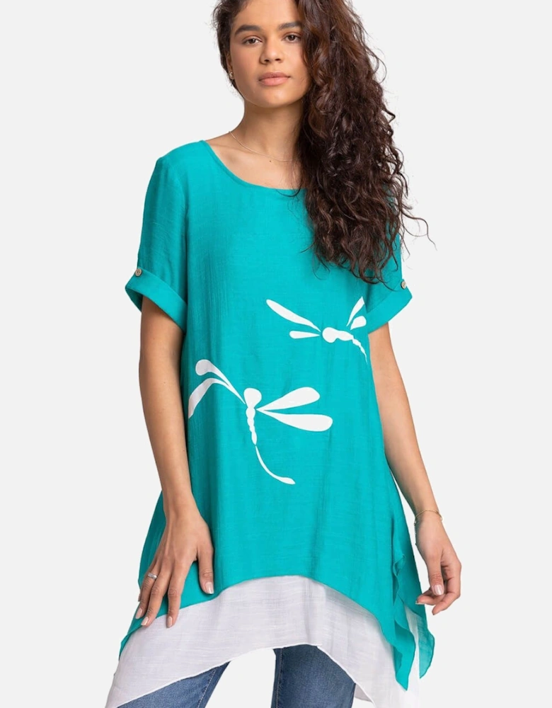 Dragonfly Print Asymmetric Tunic Top