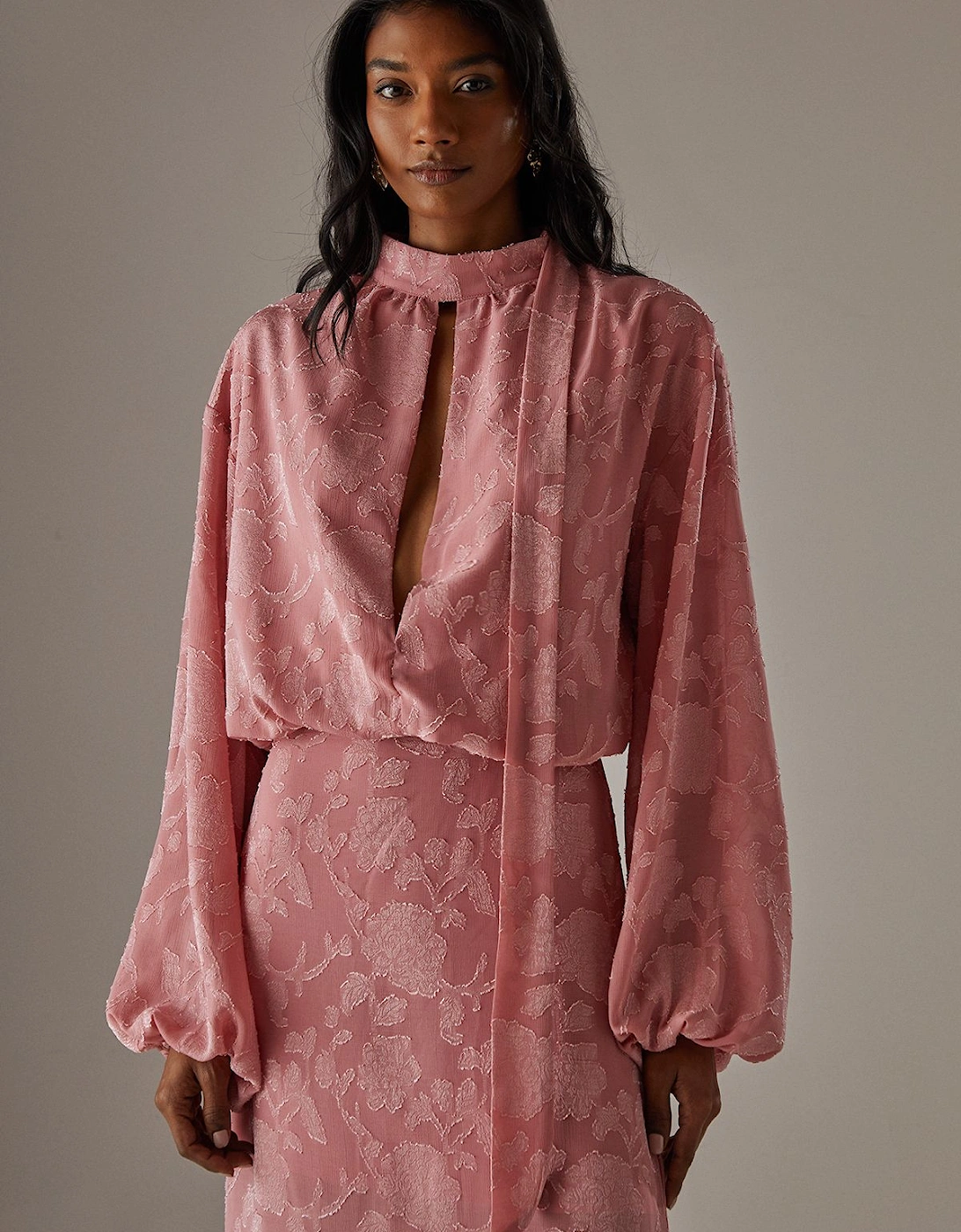 Chiffon Jacquard High Neck Slash Front Blouse, 2 of 1