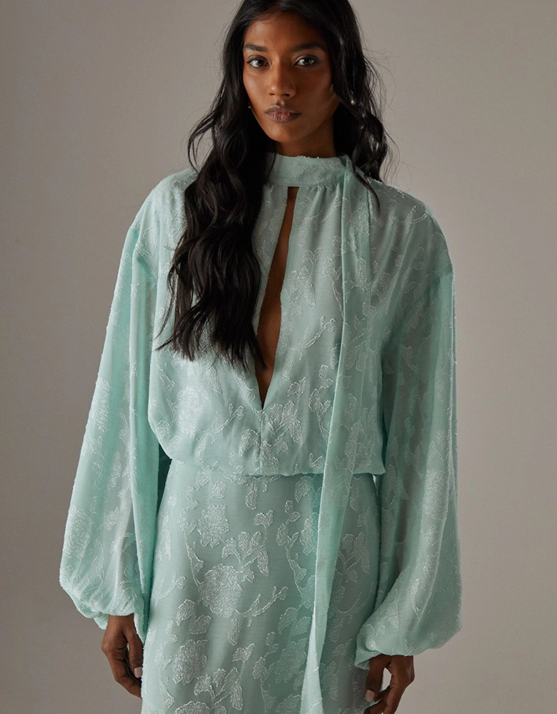 Chiffon Jacquard High Neck Slash Front Blouse