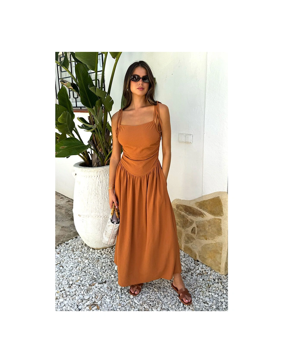 Rust Drawstring Tie Straps Ruched Top Midi Dress, 2 of 1