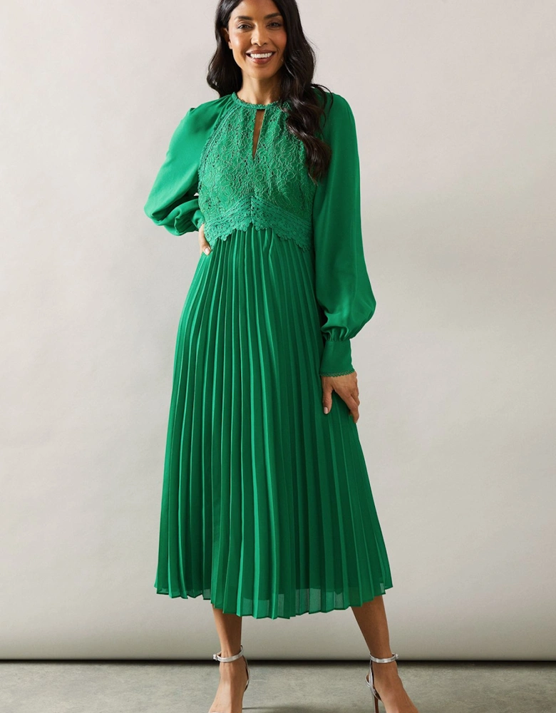 Occasion Lace Insert Pleated Midi Dress