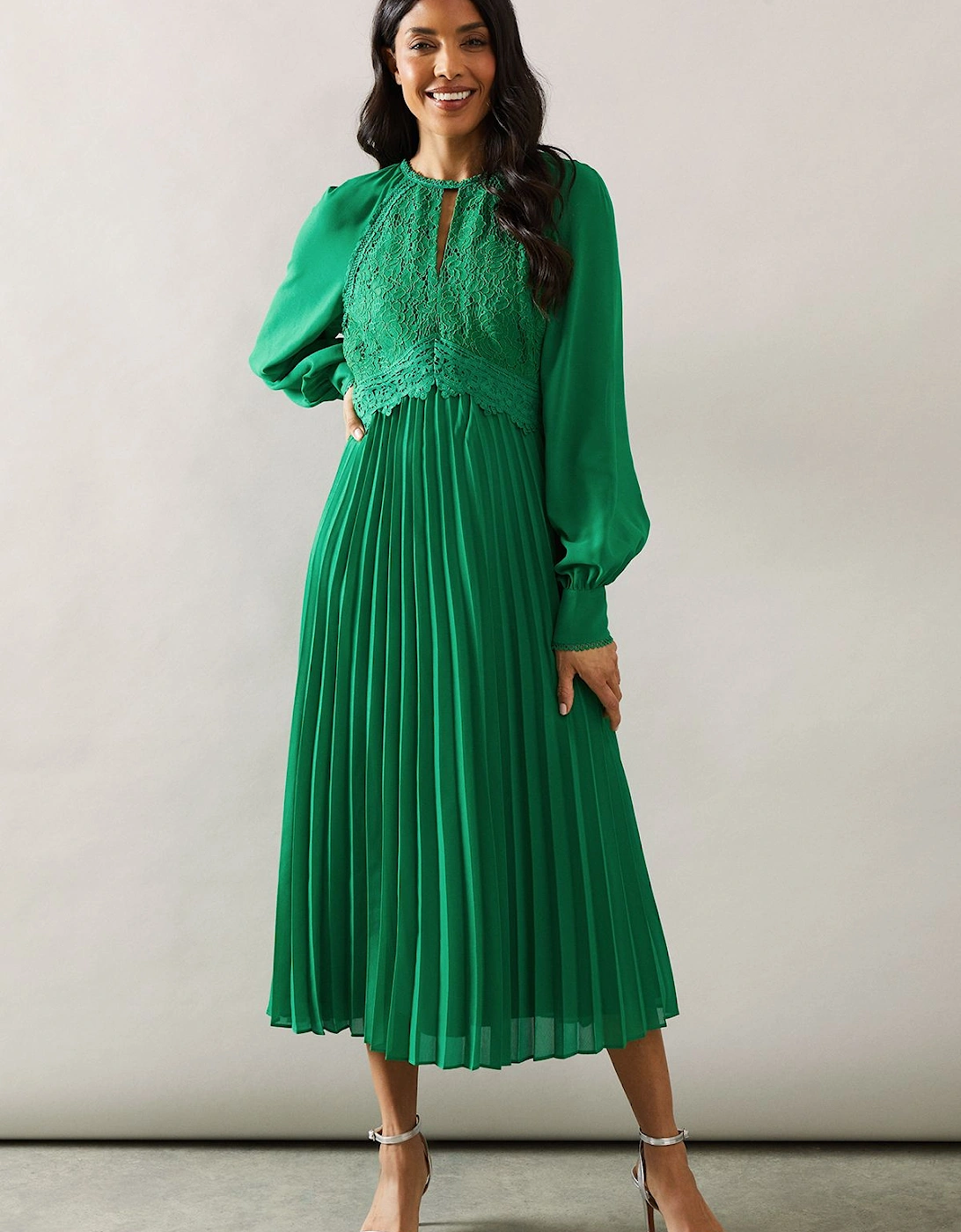 Occasion Lace Insert Pleated Midi Dress, 2 of 1