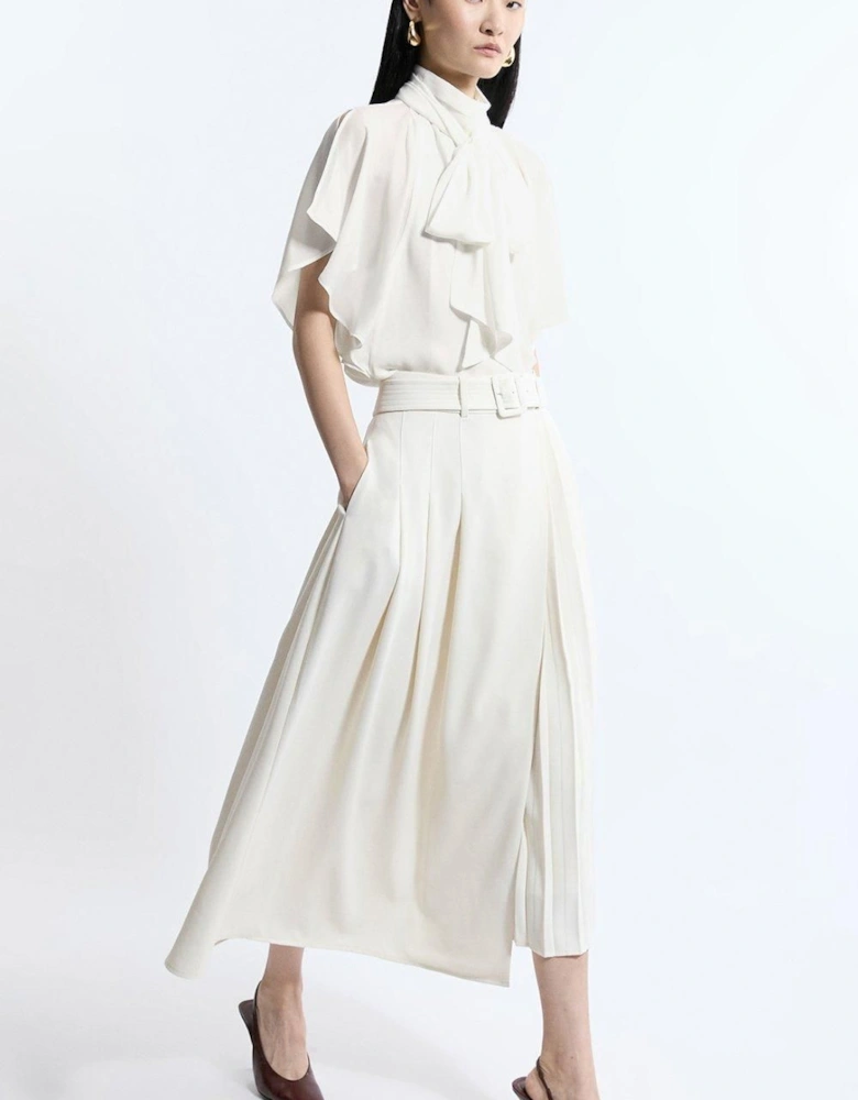 Soft Tailored Crepe Belted Pleated Midi Skirt