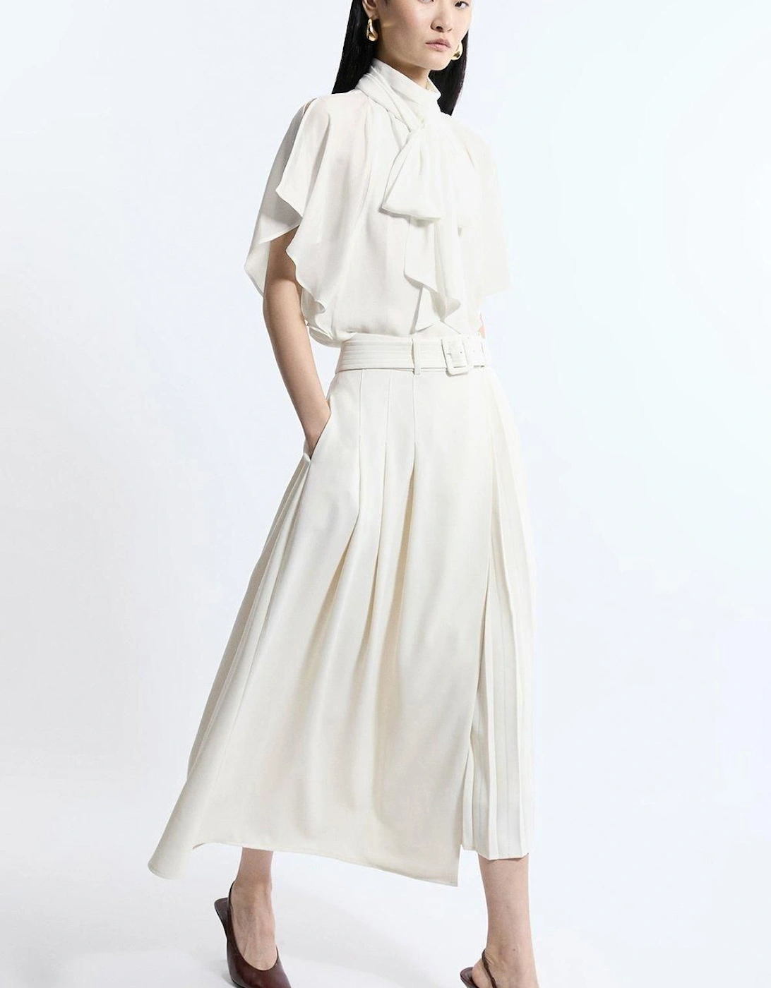 Soft Tailored Crepe Belted Pleated Midi Skirt, 2 of 1