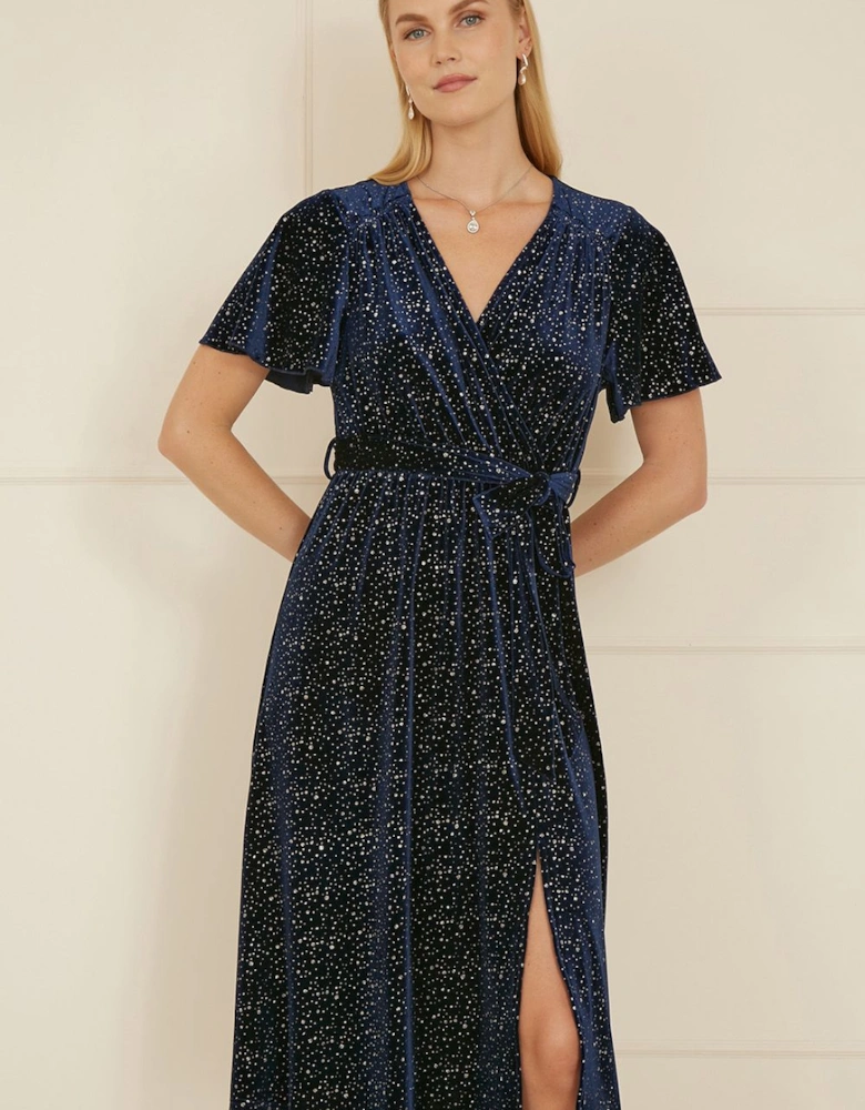 Navy Velvet Sparkle Wrap Midi Dress