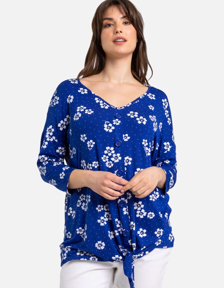 Curve Floral V-Neck Button Down Tie Top