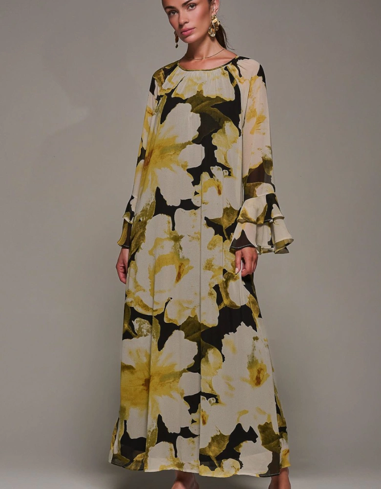 Chiffon Long Sleeve Shift Maxi Dress