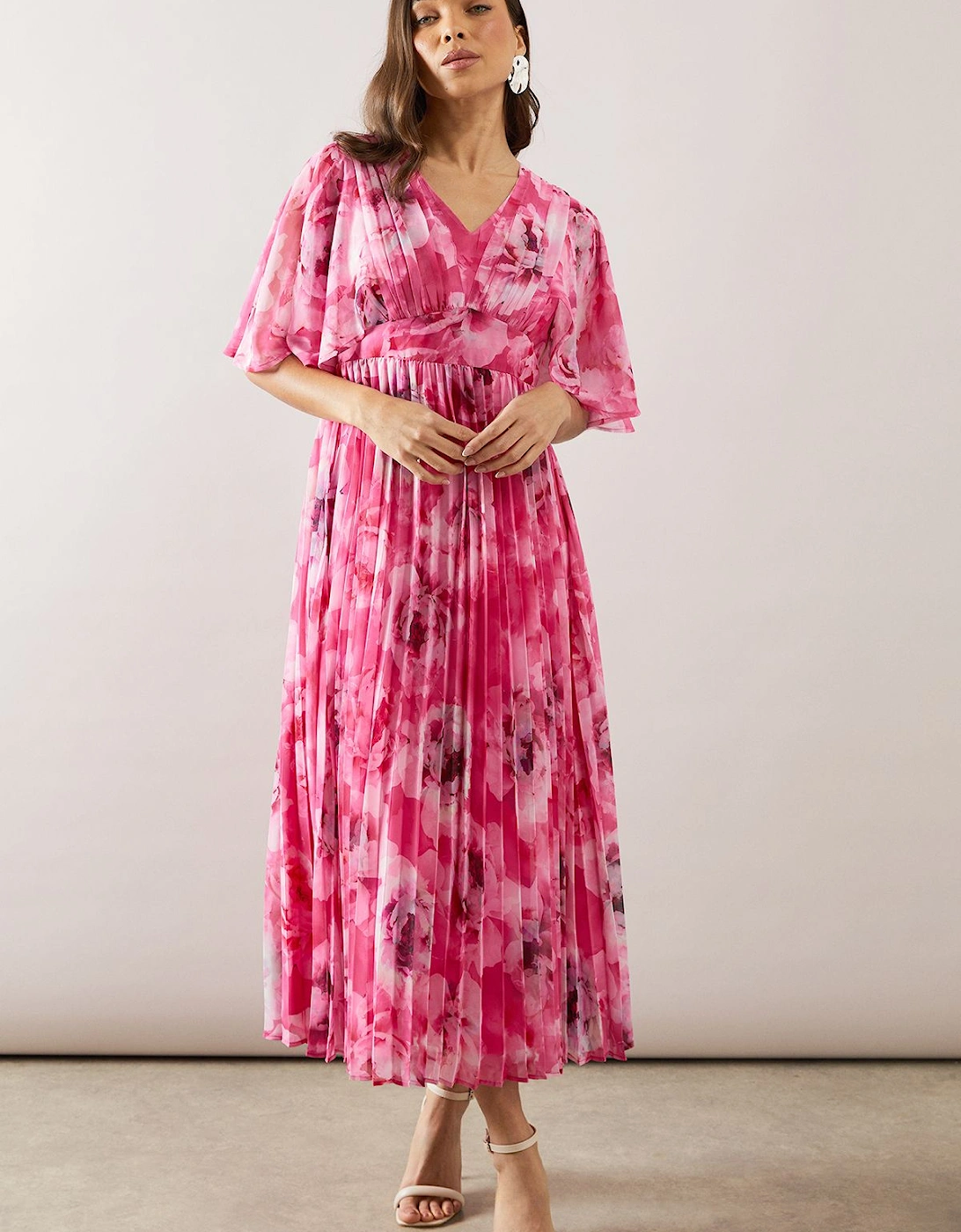 Petite Floral Pleated Cape Sleeve Midi Dress, 2 of 1