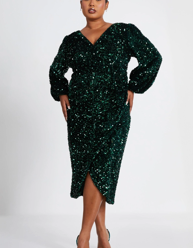 Green Curve Sequin Midi Dress