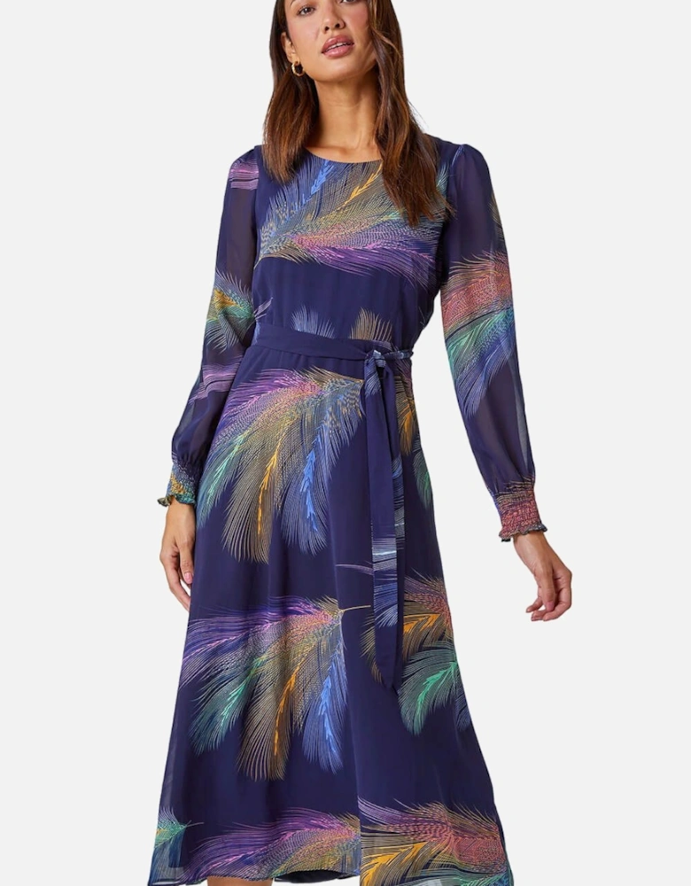 Feather Print Belted Midi Dress