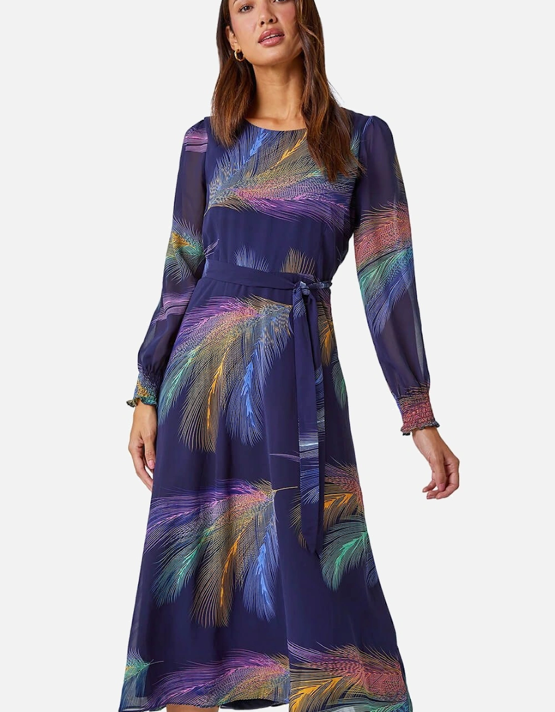 Feather Print Belted Midi Dress, 2 of 1
